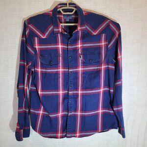Lucky Brand Button Up Shirt Mens XL Blue Plaid Slim Fit Saturday Stretch